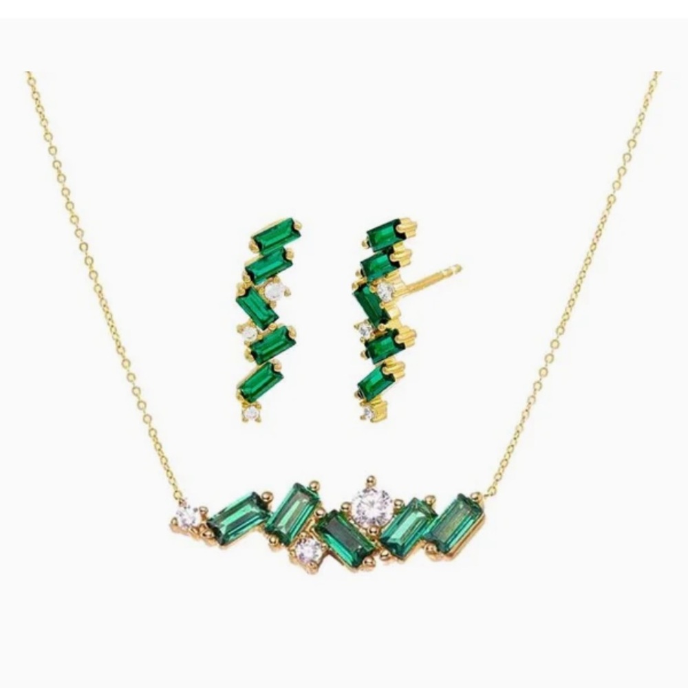 14k gold plated Adina EdenEmerald Green CZ Baguette Earring & Necklace Combo Set
